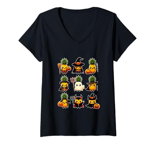 Damen Gruppe Ananas Cosplay Hexe Boo Geister Halloween Vegan T-Shirt mit V-Ausschnitt von Vegan Halloween Costume