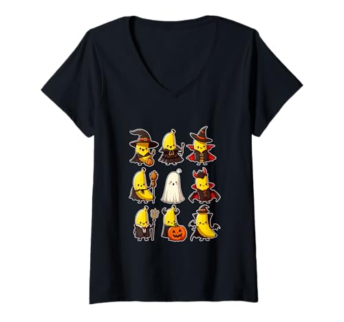 Damen Gruppe Bananen Cosplay Hexe Boo Geister Halloween Vegetarisch T-Shirt mit V-Ausschnitt von Vegan Halloween Costume