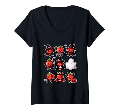 Damen Gruppe Erdbeeren Cosplay Hexe Boo Geister Halloween Vegan T-Shirt mit V-Ausschnitt von Vegan Halloween Costume
