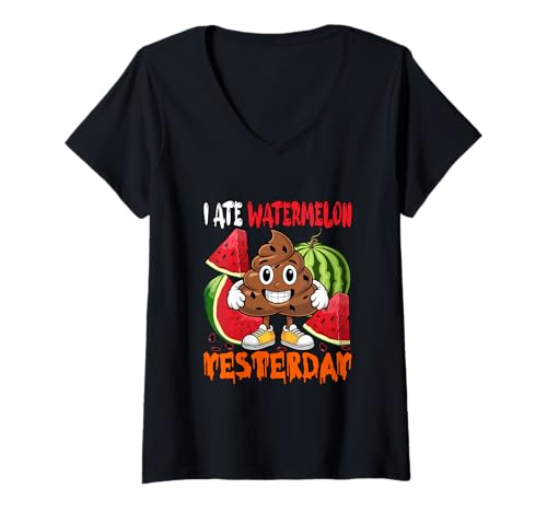 Damen I Ate Watermelon Yesterday Sarcastic Costume Halloween Poop T-Shirt mit V-Ausschnitt von Vegan Halloween Costume