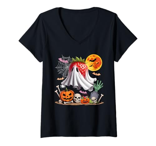 Damen Strawberry As Horror Boo Ghost Halloween Vegan Cosplay Fruit T-Shirt mit V-Ausschnitt von Vegan Halloween Costume
