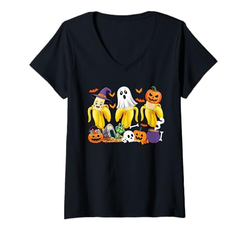 Damen Three Halloween Bananas Cosplay Witch Boo Carved Pumpkin T-Shirt mit V-Ausschnitt von Vegan Halloween Costume