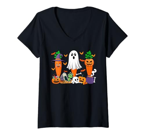 Damen Three Halloween Carrots Cosplay Witch Boo Carved Pumpkin T-Shirt mit V-Ausschnitt von Vegan Halloween Costume