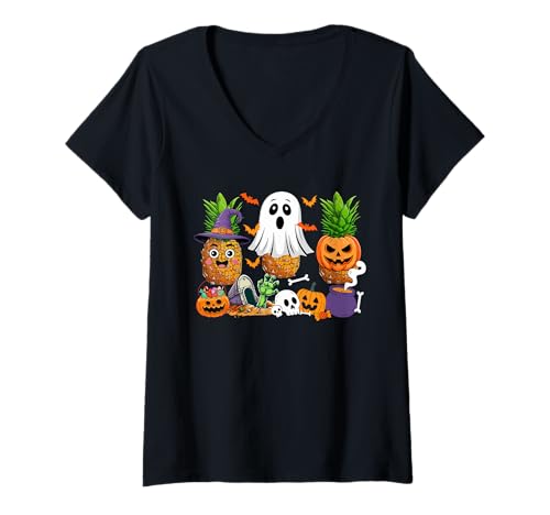 Damen Three Halloween Pineapples Cosplay Witch Boo Carved Pumpkin T-Shirt mit V-Ausschnitt von Vegan Halloween Costume