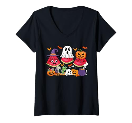 Damen Three Halloween Watermelons Cosplay Witch Boo Carved Pumpkin T-Shirt mit V-Ausschnitt von Vegan Halloween Costume