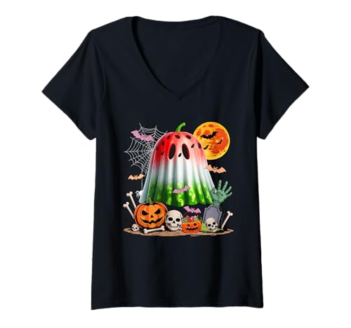 Damen Watermelon As Horror Boo Ghost Halloween Vegan Cosplay Fruit T-Shirt mit V-Ausschnitt von Vegan Halloween Costume