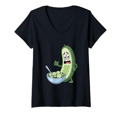 Damen Gurke In Panik Vor Gurkensalat Lustiger Veganer Spruch T-Shirt mit V-Ausschnitt von Vegan Humor Gurke Cartoon Lustiger Salat Panik