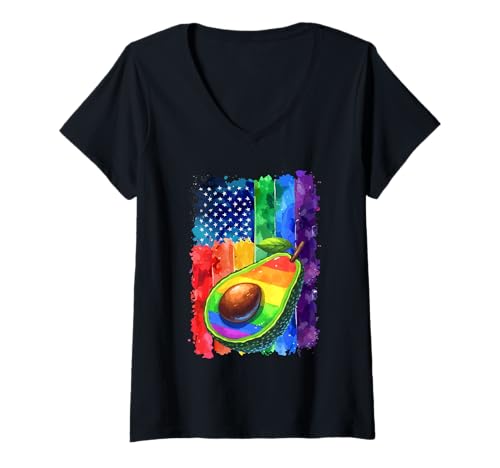Damen US Flag Rainbow Colorful Avocado 4th Of July Proud LGBT T-Shirt mit V-Ausschnitt von Vegan LGBT Costume