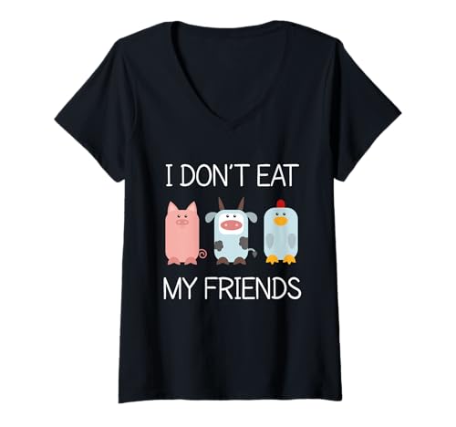 Damen I Don't eat My Friends – Vegetarischer Tierliebhaber, tierversuchsfrei T-Shirt mit V-Ausschnitt von Vegan Lifestyle Designs