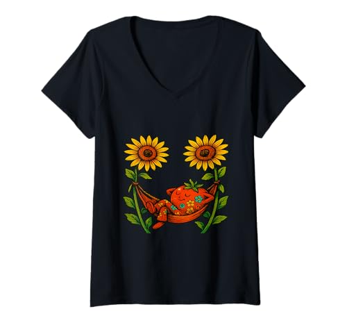 Damen Entspannende Hippie-Tomate in Sonnenblumen-Hängematte T-Shirt mit V-Ausschnitt Damen Entspannende Hippie-Tomate in Sonnenblumen-Hängematte T-Shirt mit V-Ausschnitt von Vegan Lifestyle Gift Ideas And Accessories