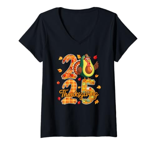 Damen Thanksgiving 2025 Niedlicher Truthahn als Avocado Vegane Herbstblätter T-Shirt mit V-Ausschnitt Damen Thanksgiving 2025 Niedlicher Truthahn als Avocado Vegane Herbstblätter T-Shirt mit V-Ausschnitt von Vegan Thanksgiving Costume