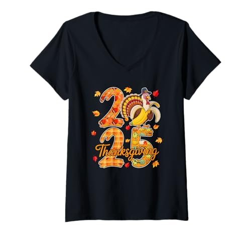 Damen Thanksgiving 2025 Niedlicher Truthahn als Banane Vegane Herbstblätter T-Shirt mit V-Ausschnitt Damen Thanksgiving 2025 Niedlicher Truthahn als Banane Vegane Herbstblätter T-Shirt mit V-Ausschnitt von Vegan Thanksgiving Costume