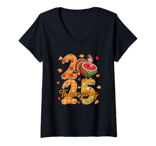Damen Thanksgiving 2025 Niedlicher Truthahn als Wassermelone Vegan Herbst T-Shirt mit V-Ausschnitt Damen Thanksgiving 2025 Niedlicher Truthahn als Wassermelone Vegan Herbst T-Shirt mit V-Ausschnitt von Vegan Thanksgiving Costume