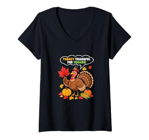 Damen Turkey Thankful for Vegans Thanksgiving Saving Turkey Fall T-Shirt mit V-Ausschnitt von Vegan Thanksgiving Costume