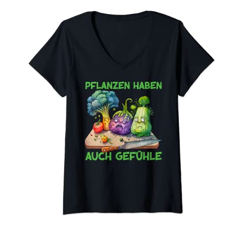 Damen Pflanzen Haben Auch Gefühle Veganer Sarkasmus Antivegan T-Shirt mit V-Ausschnitt von Veganismus Sarkasmus Anti Veganer Geschenk