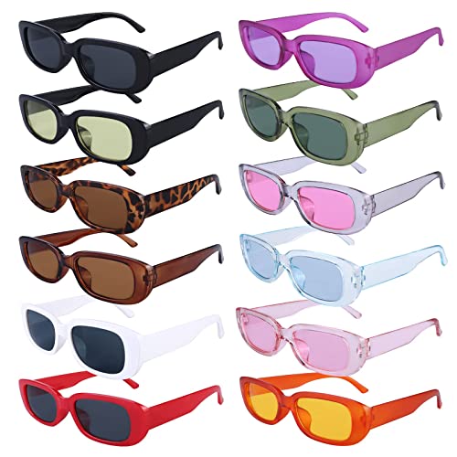 12 Stücke Vintage Rechteckige Sonnenbrille für Damen und Herren,Mode Sonnenbrille,Party Sonnenbrillen,Retro Brille mit UV Schutz Sunglasses,Neon Brille Bunte Sonnenbrillen für Outdoor Reise Fahren von Vegena