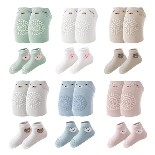 Vegena Baby Knieschoner Baby Socken Baumwolle, 6 Paar Rutschfeste Socken für Baby, Stoppersocken Jungen Mädchen,Socken Baby Anti Rutsch, Stoppersocken Baby Krabbelsocken für Baby Krabbeln(M) von Vegena