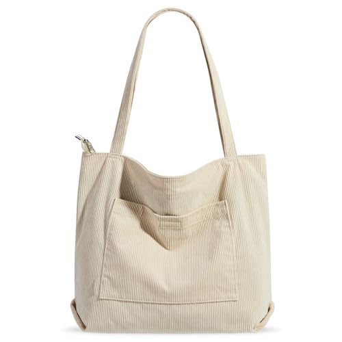 Vegena Cordtasche Handtasche Damen Große Umhängetasche Tote Bag Shopper Tasche Damen Schultertasche Stofftasche Schultasche für Schule Arbeit Einkauf (Beige) von Vegena