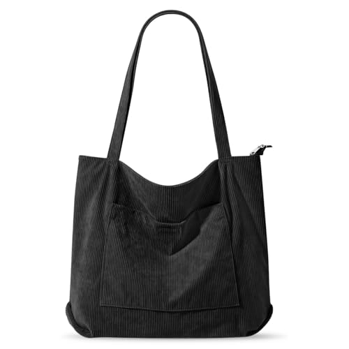 Vegena Cordtasche Handtasche Damen Große Umhängetasche Tote Bag Shopper Tasche Damen Schultertasche Stofftasche Schultasche für Schule Arbeit Einkauf (Schwarz) von Vegena