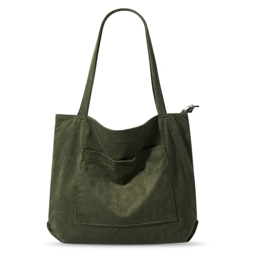 Vegena Cordtasche Handtasche Damen Große Umhängetasche Tote Bag Shopper Tasche Damen Schultertasche Stofftasche Schultasche für Schule Arbeit Einkauf (dunkelgrün) von Vegena