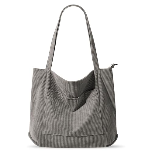 Vegena Cordtasche Handtasche Damen Große Umhängetasche Tote Bag Shopper Tasche Damen Schultertasche Stofftasche Schultasche für Schule Arbeit Einkauf (grau) von Vegena