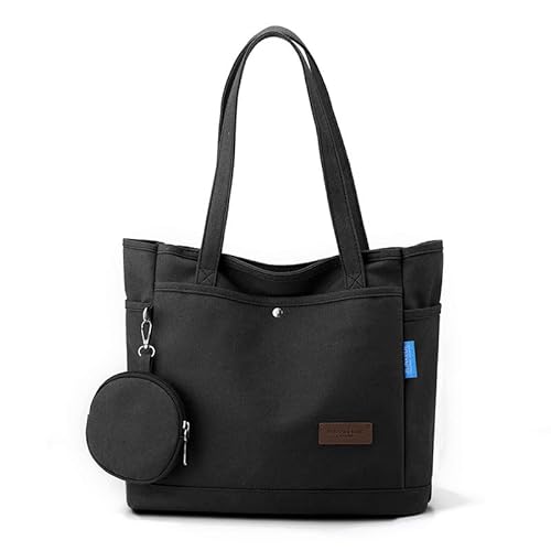 Vegena Handtasche Damen Groß Tote Bag, Umhängetasche Damen Shopper mit Kleingeldbörse Schultertaschen mit Reißverschluss Stofftasche Canvas Tasche für Alltag Einkauf Schule Arbeit (Schwarz) von Vegena