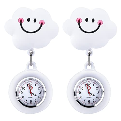 Vegena Krankenschwesteruhren - 2 Stück Krankenschwester Uhr Weiß Wolken Taschenuhr Silikonhüllen Schwesternuhr Ansteckuhr fob Taschenuhren Zeiger Pflegeuhr mit Clip für Damen Herren Pfleger Doktor von Vegena