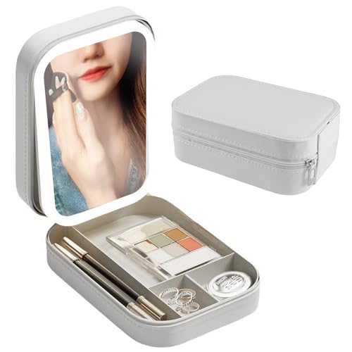 Vegena Make-Up-Aufbewahrungsbox Mit Lichtfüllendem Spiegel, Kosmetiktasche Mit Beleuchtetem Spiegel Led-Kosmetikkoffer Schminktasche Make Up Organizer Instellbare 3 Farben Led Leuchten Touch-Steuerung von Vegena