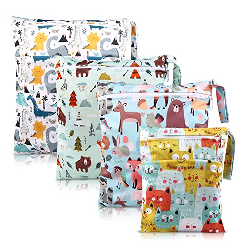 Wetbag Kindergarten - Stoffwindeln Nasstasche, 4 Stück Wet Bag Windeltasche Wasserdicht, Wickeltasche Nassbeutel Organiser Taschen Wiederverwendbare Windelbeutel mit Reißverschluss für Baby Kleinkind von Vegena