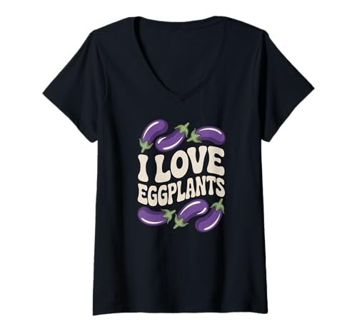 Damen Süßes Gemüse-Design mit Aufschrift „Ich Liebe Auberginen“ T-Shirt mit V-Ausschnitt von Vegetable Enthusiast Humor