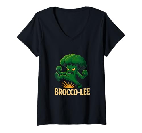 Damen Lustiges Brokkoli-Wortspiel Brocco-Lee Kung Fu Karate T-Shirt mit V-Ausschnitt Damen Lustiges Brokkoli-Wortspiel Brocco-Lee Kung Fu Karate T-Shirt mit V-Ausschnitt von Vegetable Food Pun Martial Arts Designs