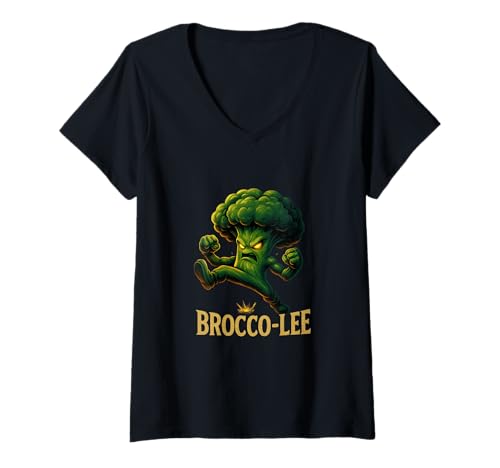 Damen Lustiges Brokkoli-Wortspiel Brocco-Lee Kung Fu Karate T-Shirt mit V-Ausschnitt Damen Lustiges Brokkoli-Wortspiel Brocco-Lee Kung Fu Karate T-Shirt mit V-Ausschnitt von Vegetable Food Pun Martial Arts Designs