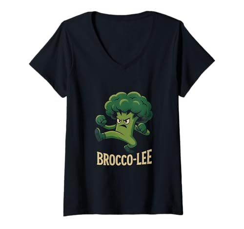 Damen Lustiges Brokkoli-Wortspiel Brocco-Lee Kung Fu Karate T-Shirt mit V-Ausschnitt Damen Lustiges Brokkoli-Wortspiel Brocco-Lee Kung Fu Karate T-Shirt mit V-Ausschnitt von Vegetable Food Pun Martial Arts Designs
