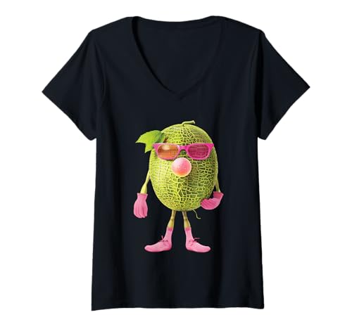 Damen Honigmelonen-Kaugummi T-Shirt mit V-Ausschnitt Damen Honigmelonen-Kaugummi T-Shirt mit V-Ausschnitt von Vegetable Fruit Pink Sunglasses Bubble Gum