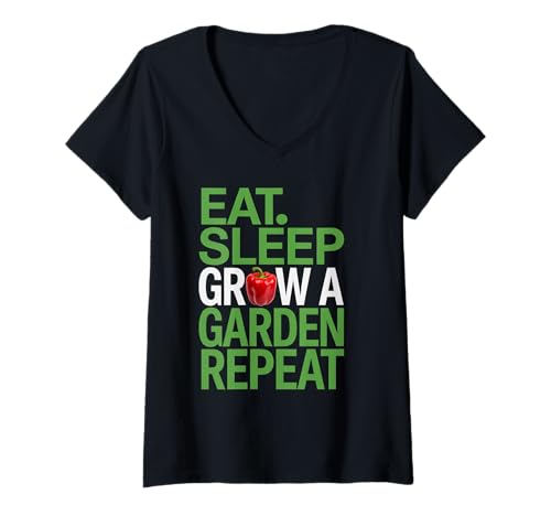 Damen Eat Sleep Garden Repeat Lustiger roter Pfefferzüchter Spruch T-Shirt mit V-Ausschnitt Damen Eat Sleep Garden Repeat Lustiger roter Pfefferzüchter Spruch T-Shirt mit V-Ausschnitt von Vegetable Growers Humor for Gardeners Farming