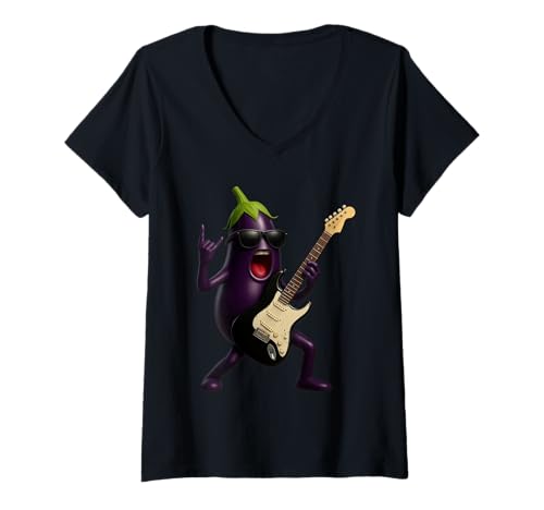 Damen Auberginen-Gitarre T-Shirt mit V-Ausschnitt Damen Auberginen-Gitarre T-Shirt mit V-Ausschnitt von Vegetable Guitar