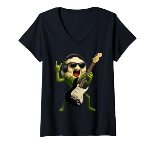 Damen Blumenkohl-Gitarre T-Shirt mit V-Ausschnitt Damen Blumenkohl-Gitarre T-Shirt mit V-Ausschnitt von Vegetable Guitar