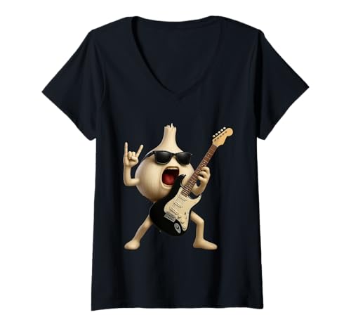 Damen Knoblauch-Gitarre T-Shirt mit V-Ausschnitt Damen Knoblauch-Gitarre T-Shirt mit V-Ausschnitt von Vegetable Guitar