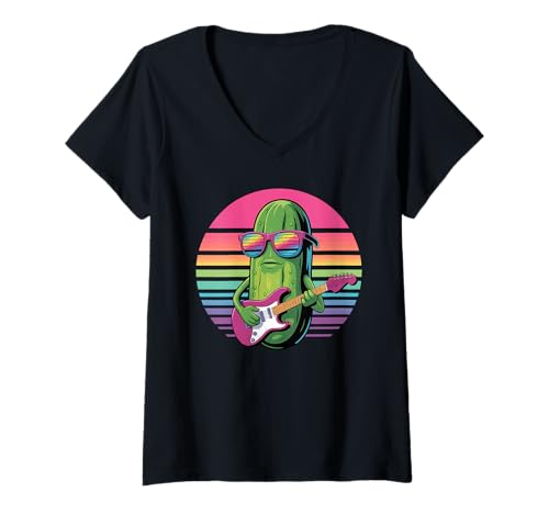 Damen Retro Eingelegte Gurke Gitarrist Gurke Gitarre T-Shirt mit V-Ausschnitt von Vegetable Lover Gifts
