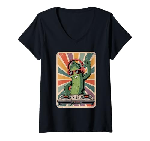 Damen Retro Gurke DJ Gurken Sound Technik T-Shirt mit V-Ausschnitt Damen Retro Gurke DJ Gurken Sound Technik T-Shirt mit V-Ausschnitt von Vegetable Lover Gifts