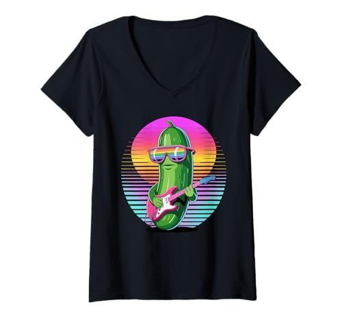 Damen Retro Gurke Gitarrist Gurken Gitarre T-Shirt mit V-Ausschnitt Damen Retro Gurke Gitarrist Gurken Gitarre T-Shirt mit V-Ausschnitt von Vegetable Lover Gifts