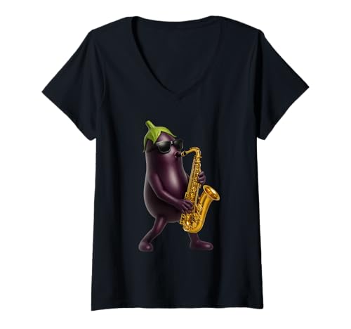 Damen Auberginensaxophon T-Shirt mit V-Ausschnitt von Vegetable Saxophone