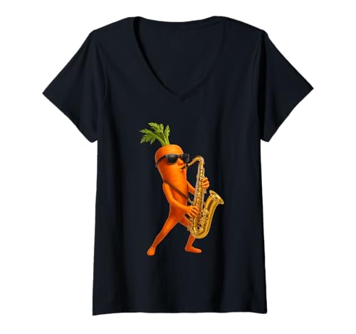 Damen Karottensaxophon T-Shirt mit V-Ausschnitt Damen Karottensaxophon T-Shirt mit V-Ausschnitt von Vegetable Saxophone