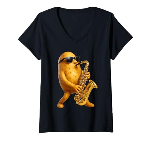 Damen Kartoffelsaxophon T-Shirt mit V-Ausschnitt Damen Kartoffelsaxophon T-Shirt mit V-Ausschnitt von Vegetable Saxophone