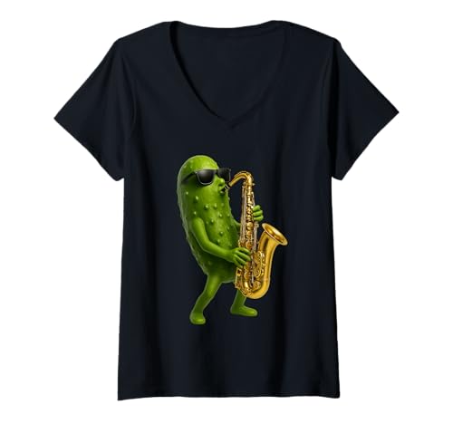 Damen Pickle Saxophon T-Shirt mit V-Ausschnitt Damen Pickle Saxophon T-Shirt mit V-Ausschnitt von Vegetable Saxophone