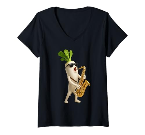Damen Rettich-Saxophon T-Shirt mit V-Ausschnitt von Vegetable Saxophone