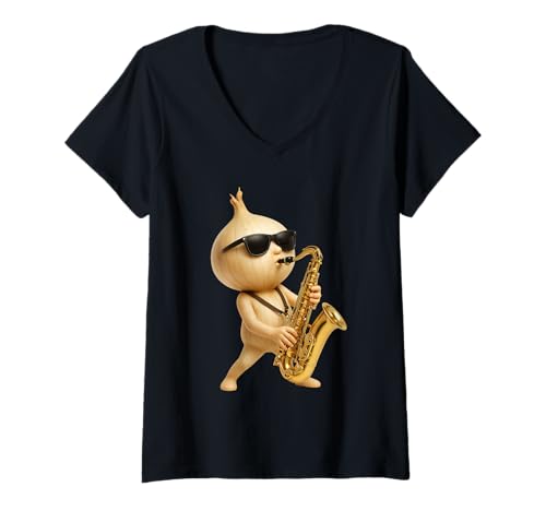 Damen Zwiebelsaxophon T-Shirt mit V-Ausschnitt von Vegetable Saxophone