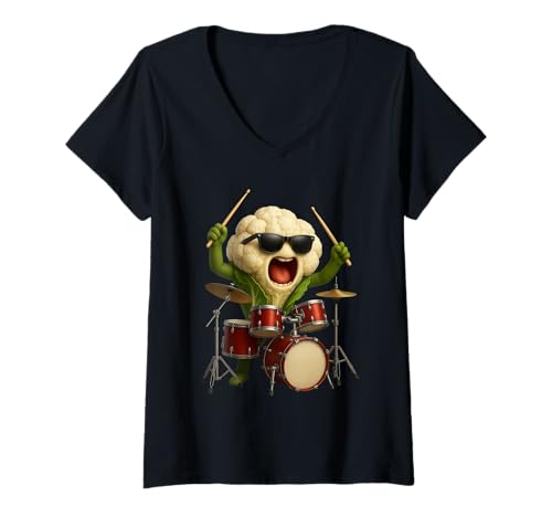 Damen Blumenkohltrommeln T-Shirt mit V-Ausschnitt Damen Blumenkohltrommeln T-Shirt mit V-Ausschnitt von Vegetables Drums