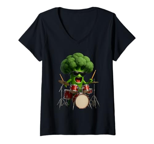 Damen Brokkoli-Trommeln T-Shirt mit V-Ausschnitt Damen Brokkoli-Trommeln T-Shirt mit V-Ausschnitt von Vegetables Drums