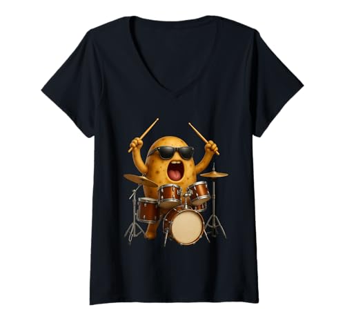 Damen Kartoffeltrommeln T-Shirt mit V-Ausschnitt Damen Kartoffeltrommeln T-Shirt mit V-Ausschnitt von Vegetables Drums